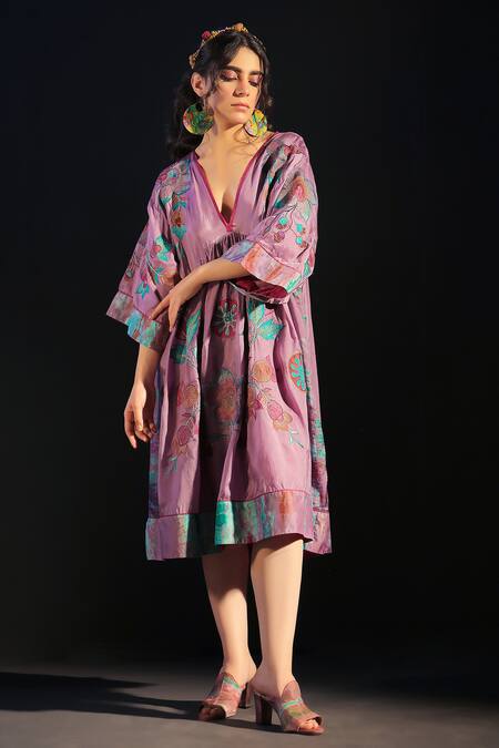 Capisvirleo_Purple Silk Embroidery V-neck Mehrooz Gathered Dress _Online_at_Aza_Fashions