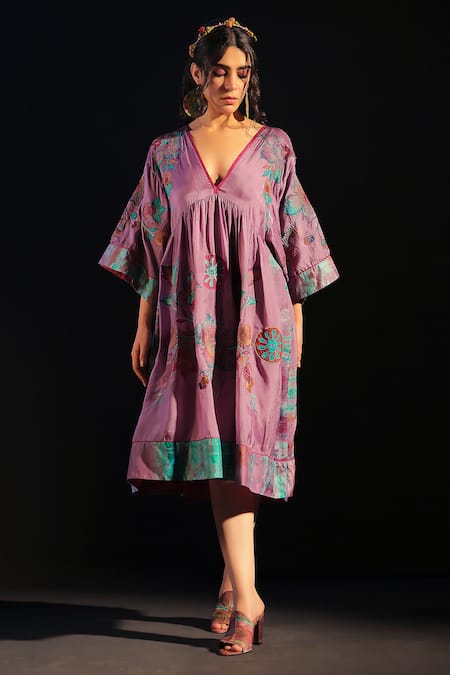 Buy_Capisvirleo_Purple Silk Embroidery V-neck Mehrooz Gathered Dress _Online_at_Aza_Fashions