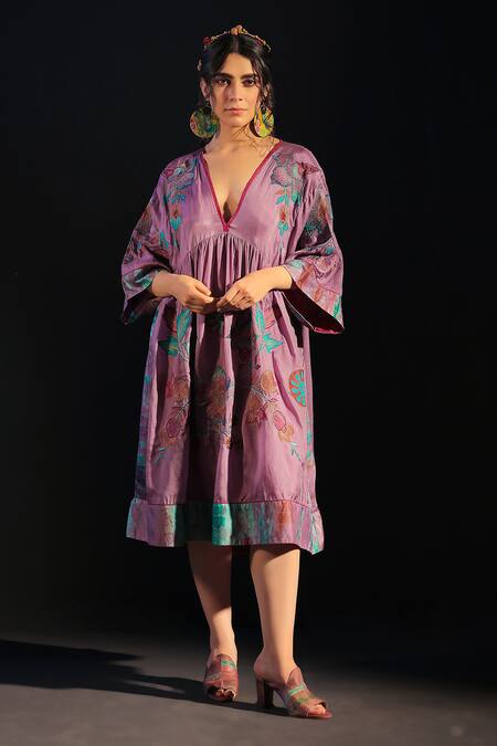 Shop_Capisvirleo_Purple Silk Embroidery V-neck Mehrooz Gathered Dress _Online_at_Aza_Fashions