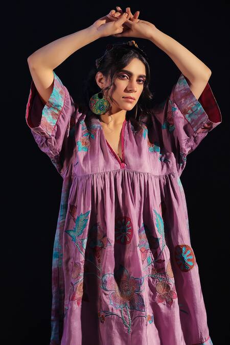 Capisvirleo_Purple Silk Embroidery V-neck Mehrooz Gathered Dress _at_Aza_Fashions