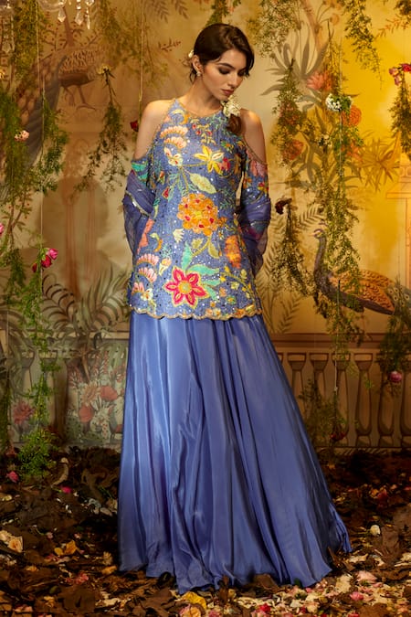 Aayushi Maniar_Purple Silk, Crepe, Organza Embroidery, Sequins, Asharfi Tunic Lehenga Set _Online_at_Aza_Fashions