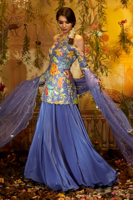 Buy_Aayushi Maniar_Purple Silk, Crepe, Organza Embroidery, Sequins, Asharfi Tunic Lehenga Set _Online_at_Aza_Fashions