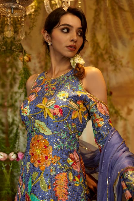 Shop_Aayushi Maniar_Purple Silk, Crepe, Organza Embroidery, Sequins, Asharfi Tunic Lehenga Set _Online_at_Aza_Fashions