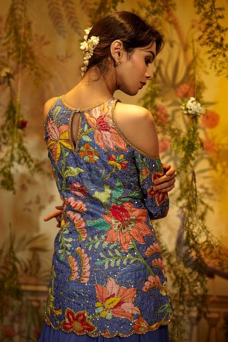 Aayushi Maniar_Purple Silk, Crepe, Organza Embroidery, Sequins, Asharfi Tunic Lehenga Set _at_Aza_Fashions