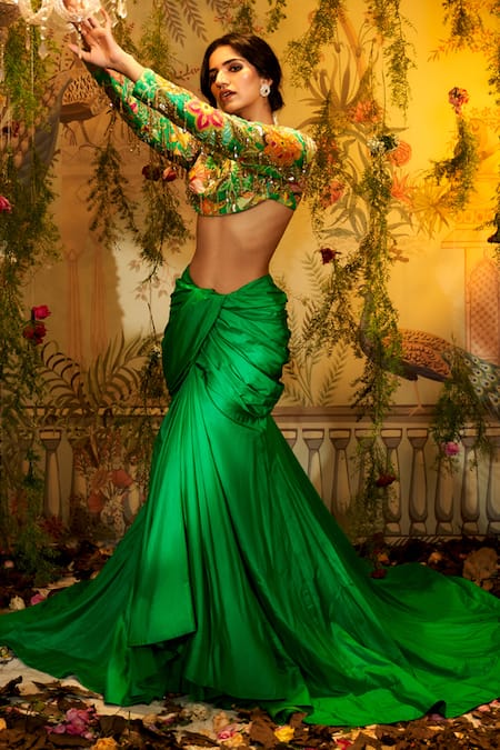 Buy_Aayushi Maniar_Green Silk Embroidery, Sequins Round Neck Brahma Kamal Blouse With Draped Skirt _Online_at_Aza_Fashions