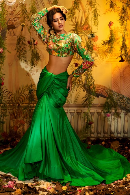 Shop_Aayushi Maniar_Green Silk Embroidery, Sequins Round Neck Brahma Kamal Blouse With Draped Skirt _Online_at_Aza_Fashions