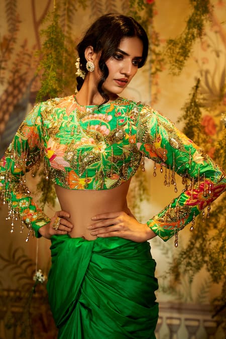 Aayushi Maniar_Green Silk Embroidery, Sequins Round Neck Brahma Kamal Blouse With Draped Skirt _at_Aza_Fashions