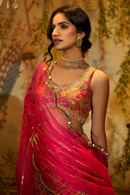 Shop Aayushi Maniar Green Silk, Organza, Crepe Embroidery, Draupadi Draped Lehenga Blouse Set Online at Aza Fashions Shop_Aayushi Maniar_Green Silk, Organza, Crepe Embroidery, Draupadi Draped Lehenga Blouse Set_Online_at_Aza_Fashions