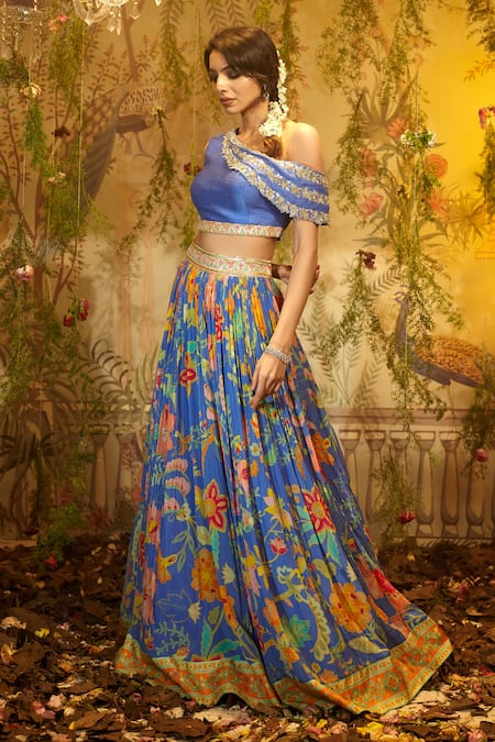 Aayushi Maniar Purple Silk, Net Embroidery, Sequins Janki Floral Print Lehenga With Blouse Online at Aza Fashions Aayushi Maniar_Purple Silk, Net Embroidery, Sequins Janki Floral Print Lehenga With Blouse _Online_at_Aza_Fashions