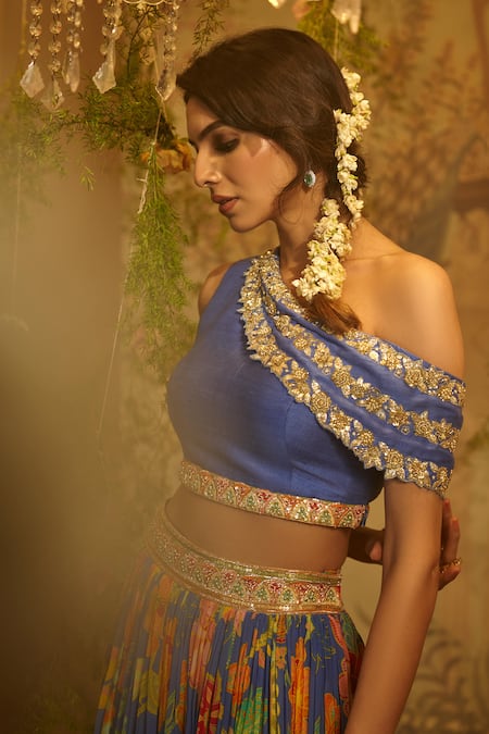 Shop Aayushi Maniar Purple Silk, Net Embroidery, Sequins Janki Floral Print Lehenga With Blouse Online at Aza Fashions Shop_Aayushi Maniar_Purple Silk, Net Embroidery, Sequins Janki Floral Print Lehenga With Blouse _Online_at_Aza_Fashions