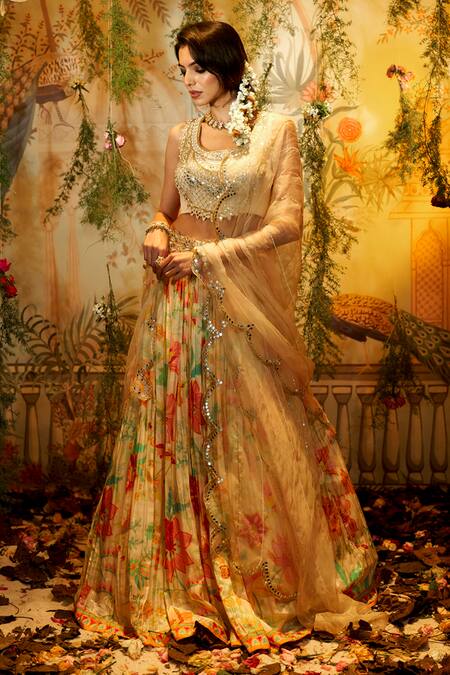 Aayushi Maniar_Ivory Crepe, Organza, Silk Sequins, Beads, Cut Work, Floral Print Lehenga Set _Online_at_Aza_Fashions