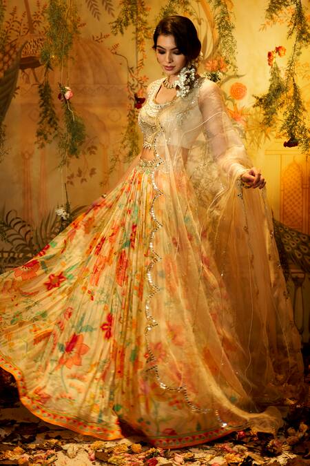Buy_Aayushi Maniar_Ivory Crepe, Organza, Silk Sequins, Beads, Cut Work, Floral Print Lehenga Set _Online_at_Aza_Fashions