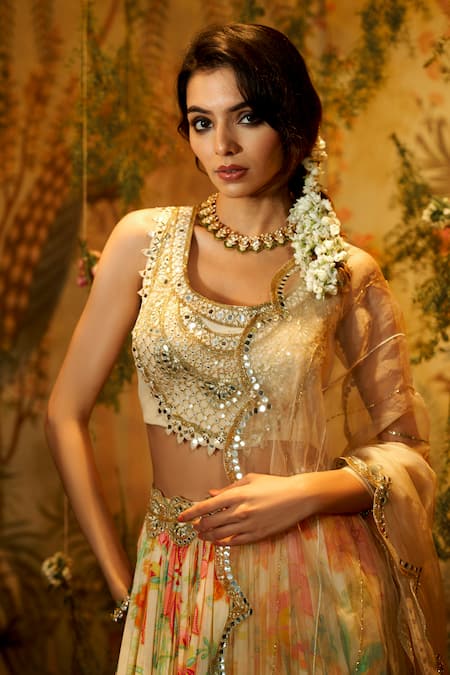 Shop_Aayushi Maniar_Ivory Crepe, Organza, Silk Sequins, Beads, Cut Work, Floral Print Lehenga Set _Online_at_Aza_Fashions