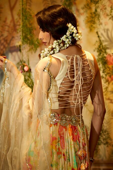 Aayushi Maniar_Ivory Crepe, Organza, Silk Sequins, Beads, Cut Work, Floral Print Lehenga Set _at_Aza_Fashions