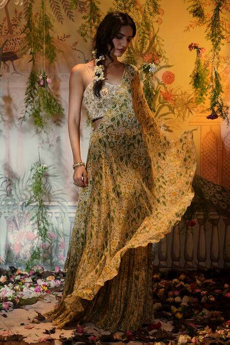 Aayushi Maniar Ivory Net, Silk Sequins, Beads Sweetheart Mogra Floral Print Cape Gharara Set Online at Aza Fashions Aayushi Maniar_Ivory Net, Silk Sequins, Beads Sweetheart Mogra Floral Print Cape Gharara Set _Online_at_Aza_Fashions