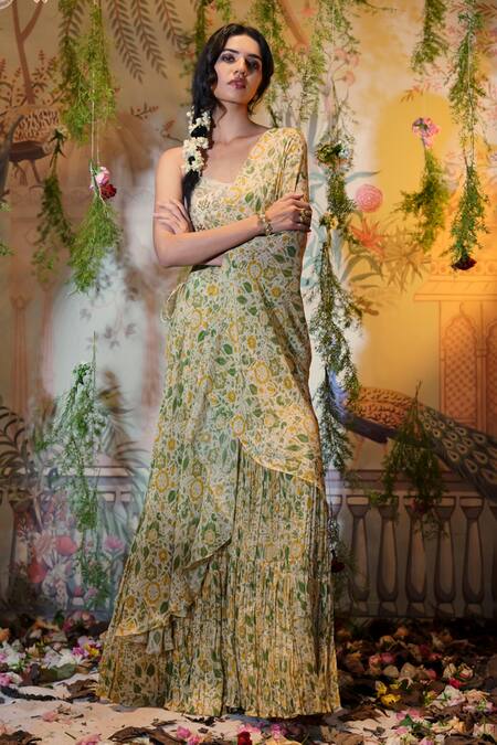 Buy Aayushi Maniar Ivory Net, Silk Sequins, Beads Sweetheart Mogra Floral Print Cape Gharara Set Online at Aza Fashions Buy_Aayushi Maniar_Ivory Net, Silk Sequins, Beads Sweetheart Mogra Floral Print Cape Gharara Set _Online_at_Aza_Fashions