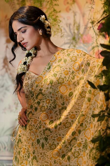 Shop Aayushi Maniar Ivory Net, Silk Sequins, Beads Sweetheart Mogra Floral Print Cape Gharara Set Online at Aza Fashions Shop_Aayushi Maniar_Ivory Net, Silk Sequins, Beads Sweetheart Mogra Floral Print Cape Gharara Set _Online_at_Aza_Fashions