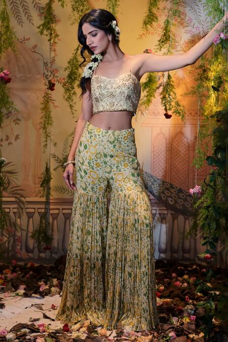 Aayushi Maniar Ivory Net, Silk Sequins, Beads Sweetheart Mogra Floral Print Cape Gharara Set at Aza Fashions Aayushi Maniar_Ivory Net, Silk Sequins, Beads Sweetheart Mogra Floral Print Cape Gharara Set _at_Aza_Fashions