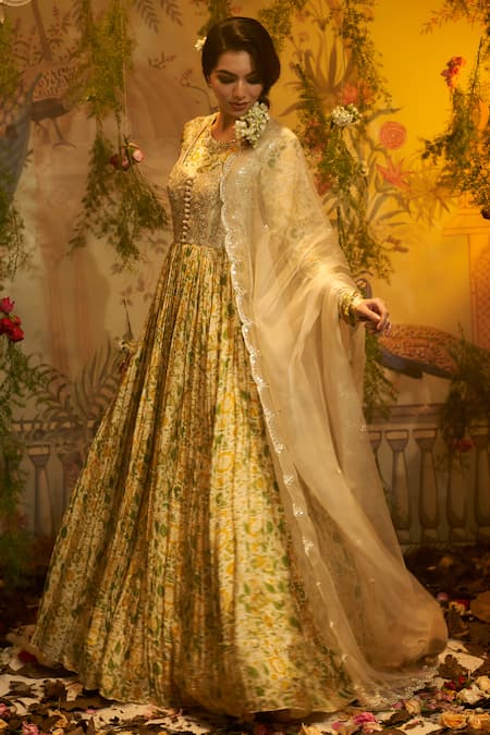 Shop_Aayushi Maniar_Ivory Silk, Organza Sequins, Nargis Floral Print Pleated Anarkali With Dupatta _Online_at_Aza_Fashions