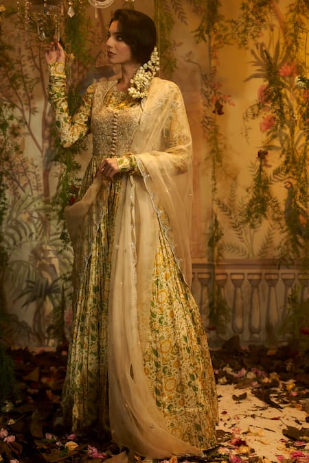 Buy_Aayushi Maniar_Ivory Silk, Organza Sequins, Nargis Floral Print Pleated Anarkali With Dupatta 