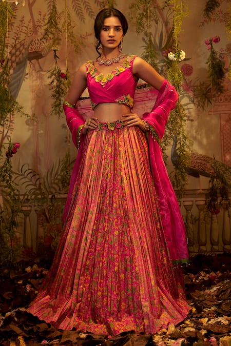 FABPIXEL Pink & Yellow Embroidered Semi-Stitched Lehenga & Unstitched  Blouse With Dupatta - Absolutely Desi