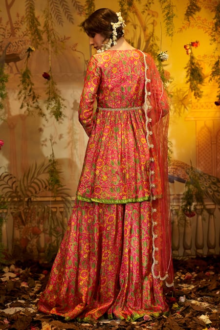 Shop Aayushi Maniar Pink Silk Sequins, Embroidery, Beads Saavni Floral Print Anarkali Gharara Set at Aza Fashions Shop_Aayushi Maniar_Pink Silk Sequins, Embroidery, Beads Saavni Floral Print Anarkali Gharara Set _at_Aza_Fashions