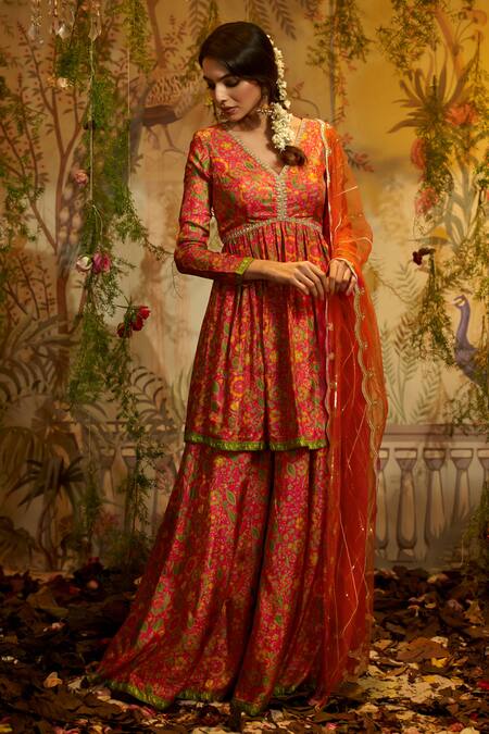 Buy Aayushi Maniar Pink Silk Sequins, Embroidery, Beads Saavni Floral Print Anarkali Gharara Set Online at Aza Fashions Buy_Aayushi Maniar_Pink Silk Sequins, Embroidery, Beads Saavni Floral Print Anarkali Gharara Set _Online_at_Aza_Fashions