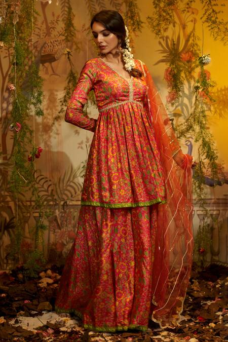 Shop Aayushi Maniar Pink Silk Sequins, Embroidery, Beads Saavni Floral Print Anarkali Gharara Set Online at Aza Fashions Shop_Aayushi Maniar_Pink Silk Sequins, Embroidery, Beads Saavni Floral Print Anarkali Gharara Set _Online_at_Aza_Fashions