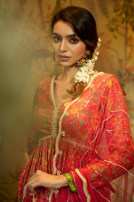 Aayushi Maniar Pink Silk Sequins, Embroidery, Beads Saavni Floral Print Anarkali Gharara Set at Aza Fashions Aayushi Maniar_Pink Silk Sequins, Embroidery, Beads Saavni Floral Print Anarkali Gharara Set _at_Aza_Fashions