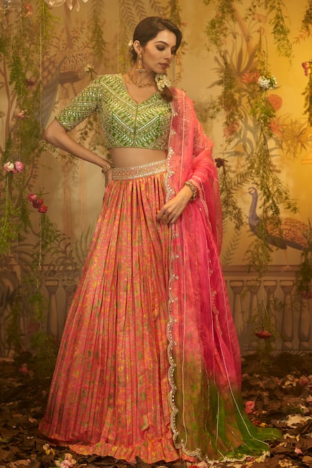 Aayushi Maniar Pink Blouse Raw Silk Hand Embroidery Floral V Gull Print Lehenga Set 