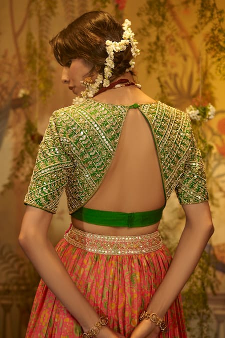 Shop_Aayushi Maniar_Pink Silk, Tussar, Organza Sequins, Embroidery Gull Floral Print Lehenga Set _at_Aza_Fashions