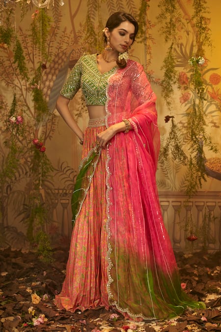 Aayushi Maniar_Pink Silk, Tussar, Organza Sequins, Embroidery Gull Floral Print Lehenga Set _Online_at_Aza_Fashions