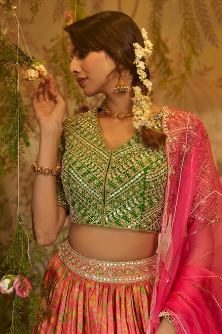 Shop_Aayushi Maniar_Pink Silk, Tussar, Organza Sequins, Embroidery Gull Floral Print Lehenga Set _Online_at_Aza_Fashions