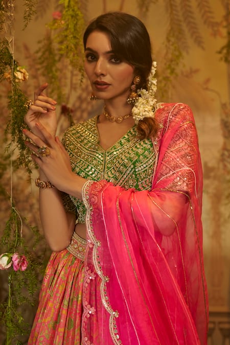 Aayushi Maniar_Pink Silk, Tussar, Organza Sequins, Embroidery Gull Floral Print Lehenga Set _at_Aza_Fashions