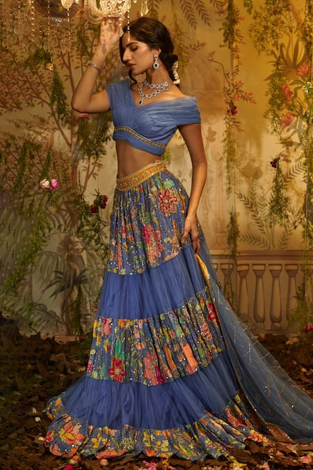 Shop Aayushi Maniar Purple Silk, Net, Organza Embroidery, Sequins Gulmohar Hand Lehenga Set at Aza Fashions Shop_Aayushi Maniar_Purple Silk, Net, Organza Embroidery, Sequins Gulmohar Hand Lehenga Set _at_Aza_Fashions