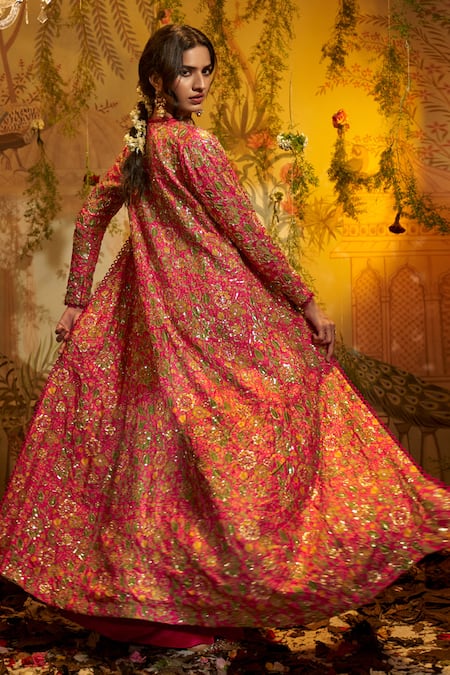 Aayushi Maniar Pink Crepe, Silk Embroidery, Sequins Sweetheart Kaamini Hand Jacket Skirt Set Online at Aza Fashions Aayushi Maniar_Pink Crepe, Silk Embroidery, Sequins Sweetheart Kaamini Hand Jacket Skirt Set _Online_at_Aza_Fashions