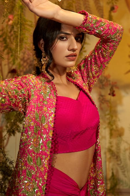 Shop Aayushi Maniar Pink Crepe, Silk Embroidery, Sequins Sweetheart Kaamini Hand Jacket Skirt Set Online at Aza Fashions Shop_Aayushi Maniar_Pink Crepe, Silk Embroidery, Sequins Sweetheart Kaamini Hand Jacket Skirt Set _Online_at_Aza_Fashions