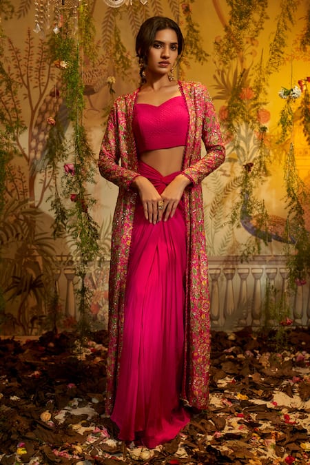 Aayushi Maniar Pink Crepe, Silk Embroidery, Sequins Sweetheart Kaamini Hand Jacket Skirt Set at Aza Fashions Aayushi Maniar_Pink Crepe, Silk Embroidery, Sequins Sweetheart Kaamini Hand Jacket Skirt Set _at_Aza_Fashions