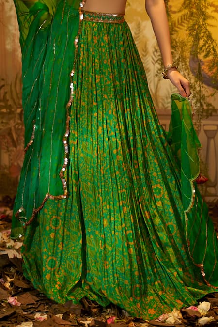 Aayushi Maniar_Green Silk, Organza Sequins, Beads, Zari Neem Floral Print Pleated Lehenga Set _Online_at_Aza_Fashions