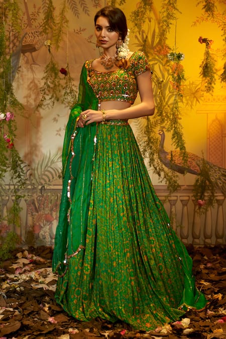 Buy_Aayushi Maniar_Green Silk, Organza Sequins, Beads, Zari Neem Floral Print Pleated Lehenga Set _Online_at_Aza_Fashions