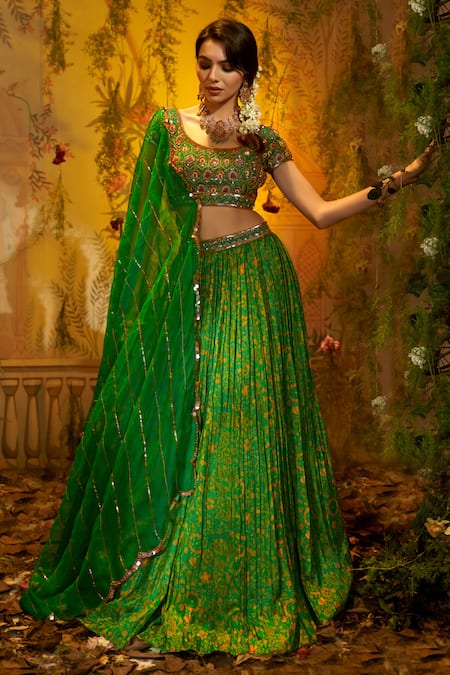 Shop_Aayushi Maniar_Green Silk, Organza Sequins, Beads, Zari Neem Floral Print Pleated Lehenga Set _Online_at_Aza_Fashions
