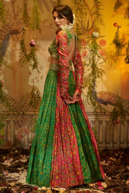 Shop Aayushi Maniar Green Silk, Organza Sequins, Beads, Raat Rani Floral Print Panelled Lehenga Set at Aza Fashions Shop_Aayushi Maniar_Green Silk, Organza Sequins, Beads, Raat Rani Floral Print Panelled Lehenga Set_at_Aza_Fashions