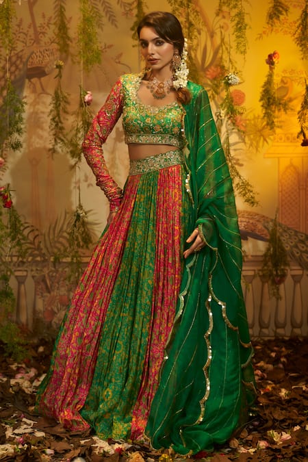 Green Chinon Silk Lehenga With Orange Blouse & Wine Net Dupatta – Mehak  Boutique