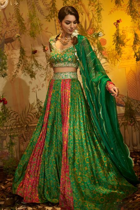 Shop Aayushi Maniar Green Silk, Organza Sequins, Beads, Raat Rani Floral Print Panelled Lehenga Set Online at Aza Fashions Shop_Aayushi Maniar_Green Silk, Organza Sequins, Beads, Raat Rani Floral Print Panelled Lehenga Set_Online_at_Aza_Fashions