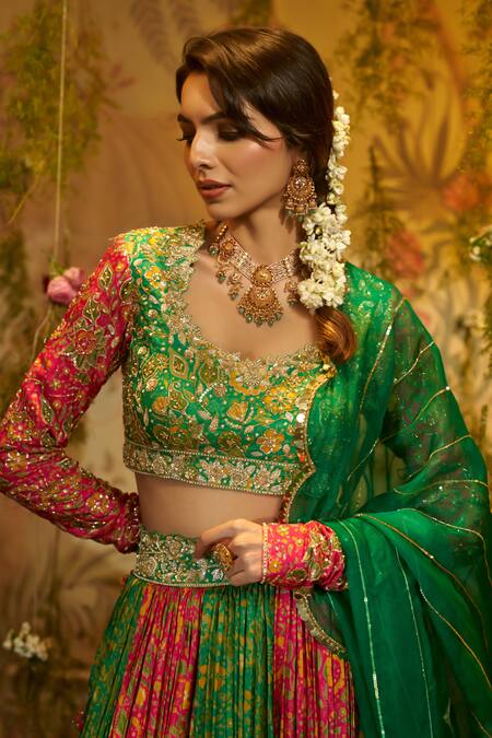 Aayushi Maniar Green Silk, Organza Sequins, Beads, Raat Rani Floral Print Panelled Lehenga Set at Aza Fashions Aayushi Maniar_Green Silk, Organza Sequins, Beads, Raat Rani Floral Print Panelled Lehenga Set_at_Aza_Fashions