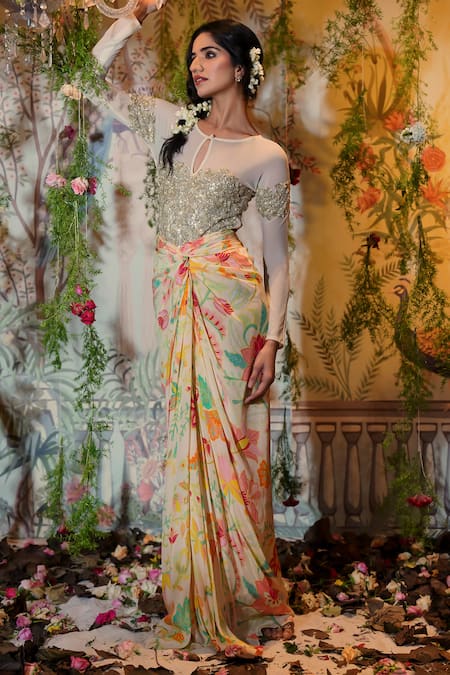 Aayushi Maniar_Ivory Crepe, Silk, Net Embroidery Rohini Printed Draped Skirt And Bodysuit Set _Online_at_Aza_Fashions
