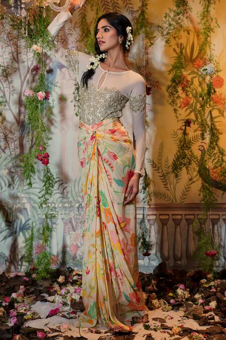 Shop_Aayushi Maniar_Ivory Crepe, Silk, Net Embroidery Rohini Printed Draped Skirt And Bodysuit Set _Online_at_Aza_Fashions