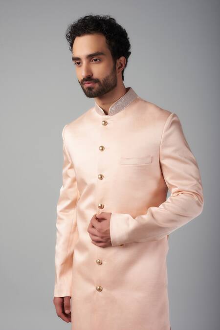 Buy_Spring Break_Pink Linen, Satin Sequins Sherwani Set _Online_at_Aza_Fashions