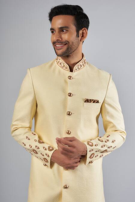 Buy_Spring Break_Cream Cotton, Silk Embroidery Linen Sherwani Set _Online_at_Aza_Fashions