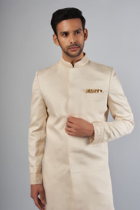 Buy_Spring Break_Ivory Cotton, Silk Embroidery Hand Work Sherwani Set _Online_at_Aza_Fashions